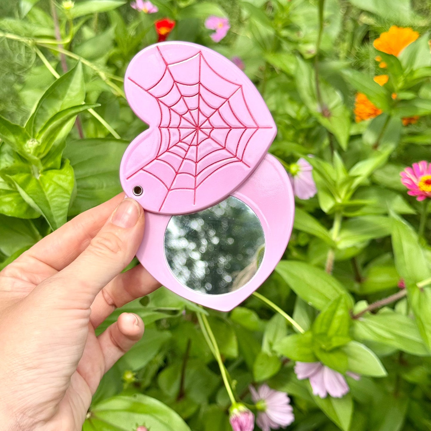 Pink Spider Web Pocket Mirror