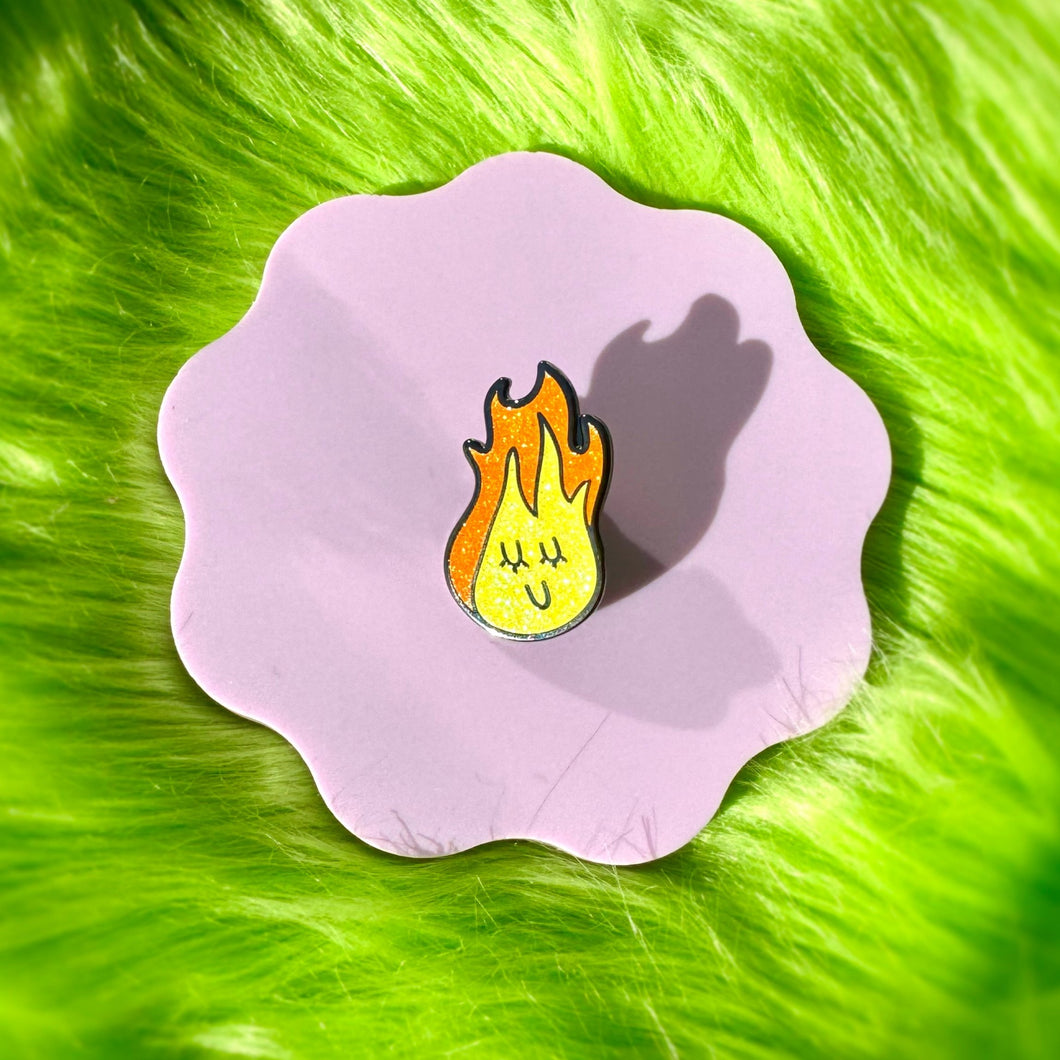 happy flame enamel pin